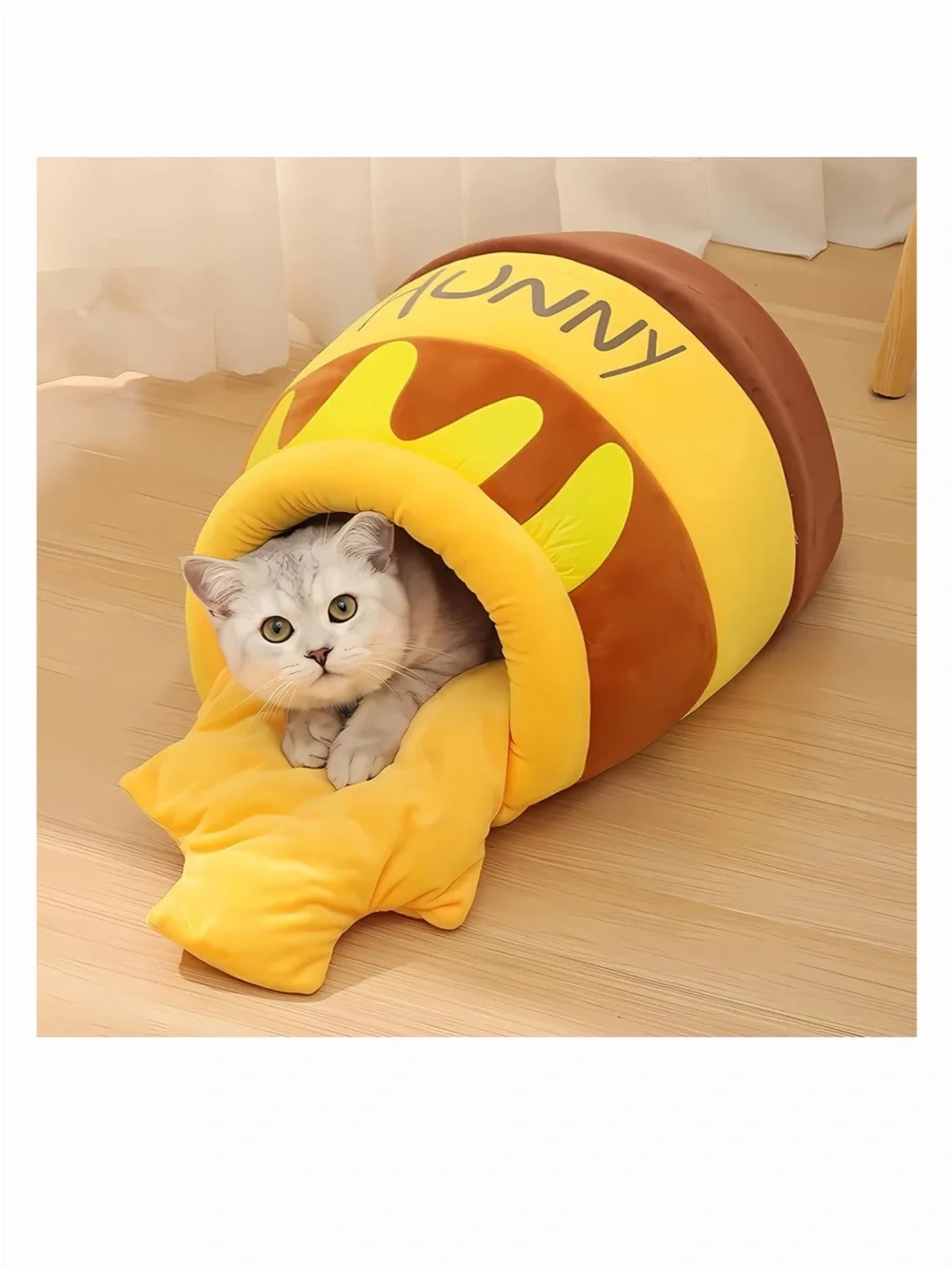 Plush Yellow & Brown Cat Cave Bed - Cozy Pet Hideaway